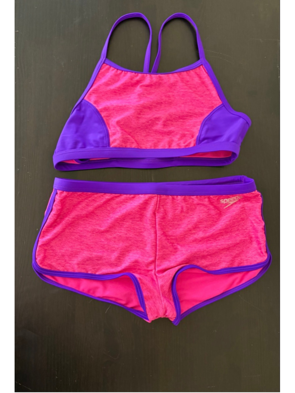 Speedo Girls Heather Splice Boyshort Two Piece Swimsuit Pink Purple Size 14